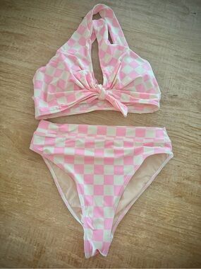 Pink Checkerboard Halter Bikini Set
